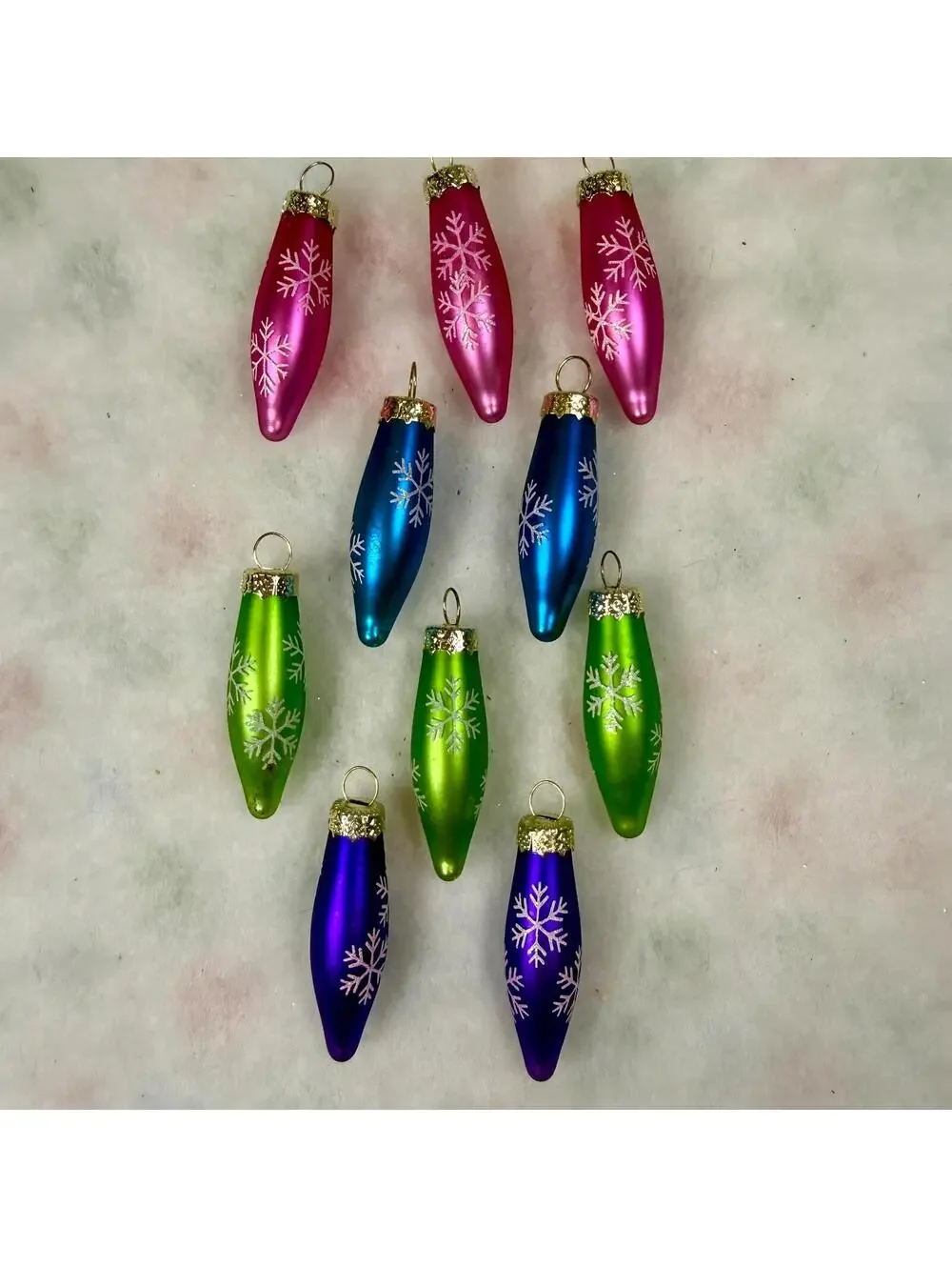 Small Torpedo Shaped Glass Ornaments with Glitter Snowflakes - Set of 10